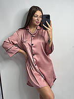 Шелковая рубашка размер L удлиненная розовая пудра, женская сатиновая рубашка на пуговицах для дома и отдыха