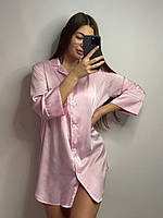 Шелковая рубашка размер L удлиненная розовая, женская сатиновая рубашка на пуговицах для дома и отдыха