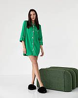 Шелковая рубашка размер L удлиненная зеленая, женская сатиновая рубашка на пуговицах для дома и отдыха L, Зеленый