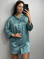 Шелковая рубашка размер L удлиненная мятная, женская сатиновая рубашка на пуговицах для дома и отдыха