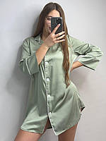 Шелковая рубашка размер L удлиненная оливковая, женская сатиновая рубашка на пуговицах для дома и отдыха