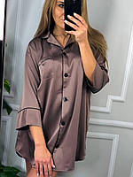 Шелковая рубашка размер XL удлиненная шоколадная, женская сатиновая рубашка на пуговицах для дома и отдыха