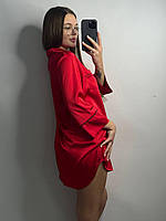 Шелковая рубашка размер XXL удлиненная красная, женская сатиновая рубашка на пуговицах для дома и отдыха