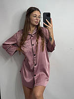 Шелковая рубашка размер XXL удлиненная темная пудра, женская сатиновая рубашка на пуговицах для дома и отдыха