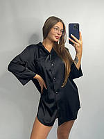 Шелковая рубашка размер XXL удлиненная черная, женская сатиновая рубашка на пуговицах для дома и отдыха