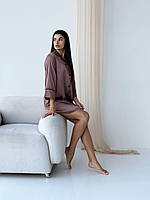 Шелковая рубашка размер XXL удлиненная шоколадная, женская сатиновая рубашка на пуговицах для дома и отдыха