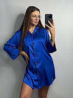 Шелковая рубашка размер L удлиненная синяя, женская сатиновая рубашка на пуговицах для дома и отдыха