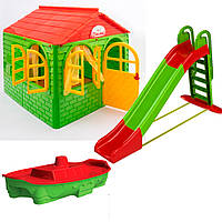 Детский набор Doloni домик XL, песочница, горка большая 243 см, зелено-красный