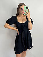Муслиновое платье летнее размер XS-S черное, короткое платье с открытыми плечами воздушное на резинке