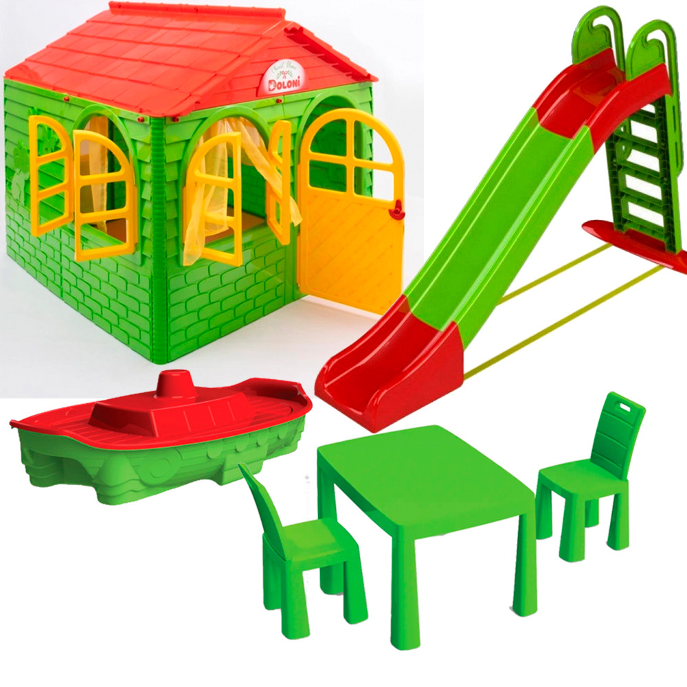Великий ігровий майданчик, Набір дитячий ТМ Doloni (будиночок, гірка, пісочниця, стіл та стільці) зелено-червоний