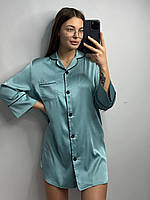 Шелковая рубашка размер S удлиненная мятная, женская сатиновая рубашка на пуговицах для дома и отдыха