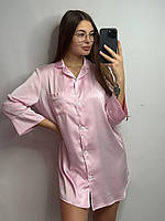 Шелковая рубашка размер S удлиненная розовая, женская сатиновая рубашка на пуговицах для дома и отдыха