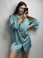 Шелковая рубашка размер XXL удлиненная мятная, женская сатиновая рубашка на пуговицах для дома и отдыха