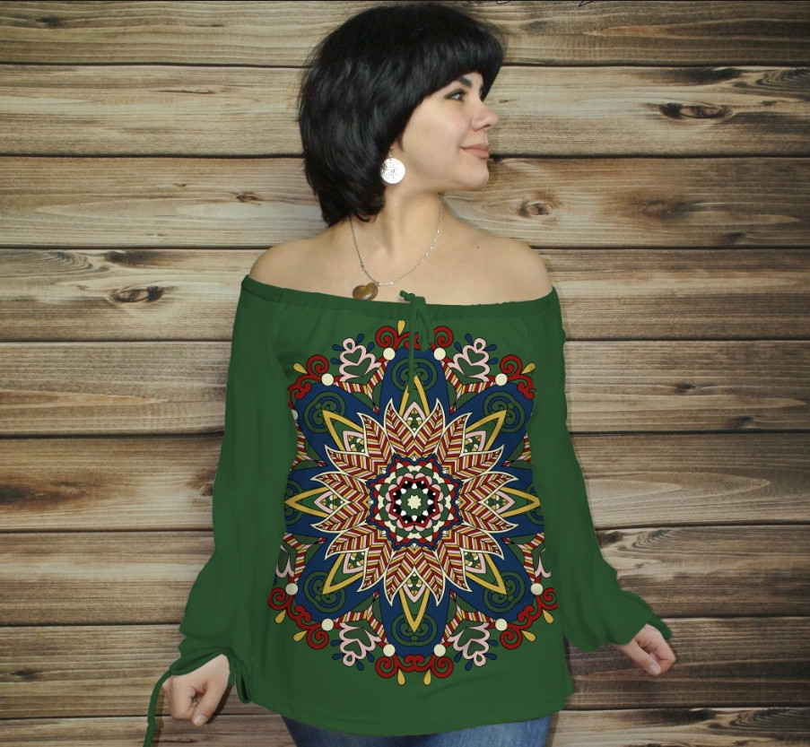 Туніка (блуза) Carmen Орнамент етнічний.Зелена ВСІ Розміри, фото 1