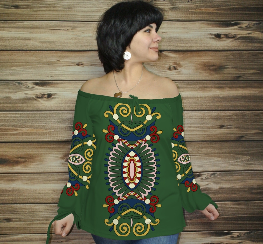 Туніка (блуза) Carmen Орнамент етнічний.Зелена 01 ВСІ Розміри, фото 1