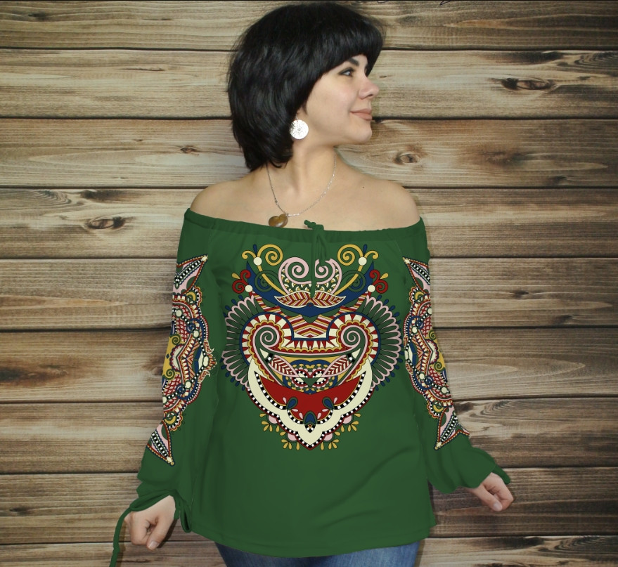 Туніка (блуза) Carmen Орнамент етнічний.Зелена 02 ВСІ Розміри, фото 1