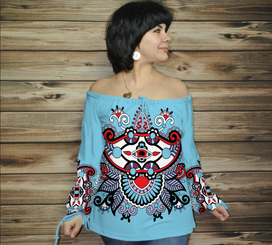 Туніка (блуза) Carmen Орнамент етнічний. Блакитна ВСІ Розміри, фото 1