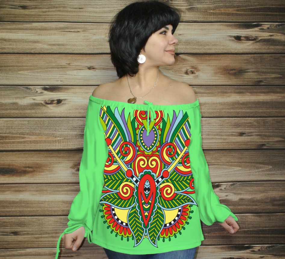Туніка (блуза) Carmen Орнамент етнічний. Фісташка 01 ВСІ Розміри, фото 1