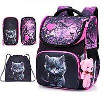Ортопедический рюкзак (ранец) с пеналом и мешком для девочки School Standard с Котом для начальной школы (Full