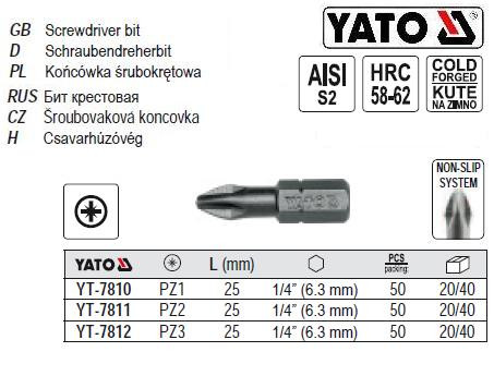 Набір насадка викрутки викруткова хрестова PZ2 1/4" l=25мм 50 шт YATO-7811