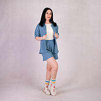 Костюм женский рубашка и шорокие шорты муслин однотонный летний синий р.46-54