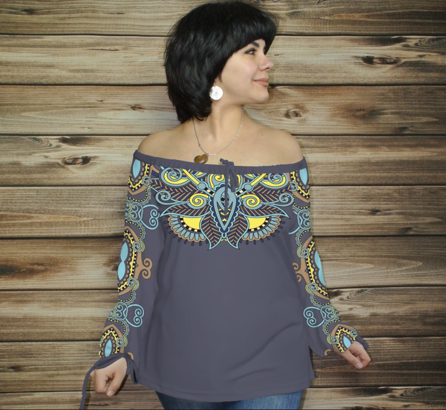 Туніка (блуза) Carmen Орнамент етнічний. Фіалка 01 ВСІ Розміри, фото 1