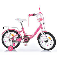 Детский двухколесный велосипед PROFI 14 дюймов MB 14041-1 PRINCESS с дополнительными колесами, розовый