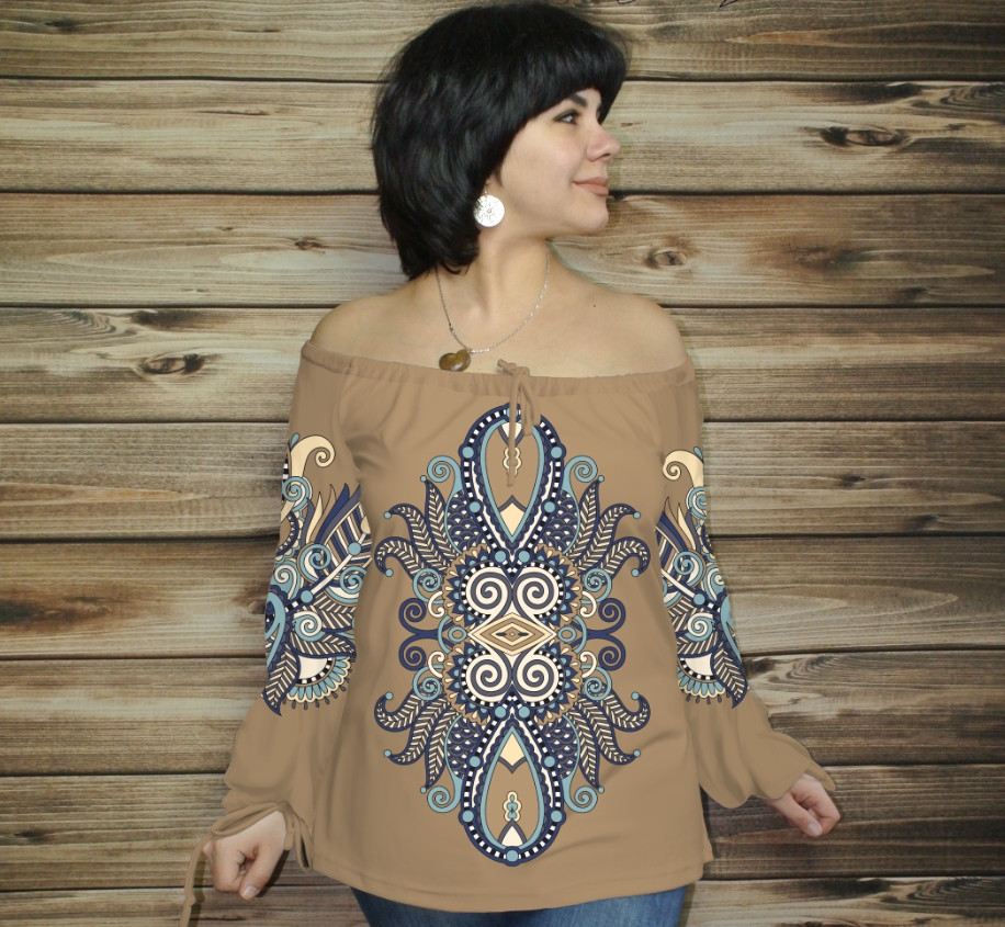 Туніка (блуза) Carmen Орнамент етнічний. Беж ВСІ Розміри, фото 1