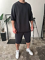 Графитовый мужской летний костюм-двойка, удобная однотонная футболка и легкие шорты