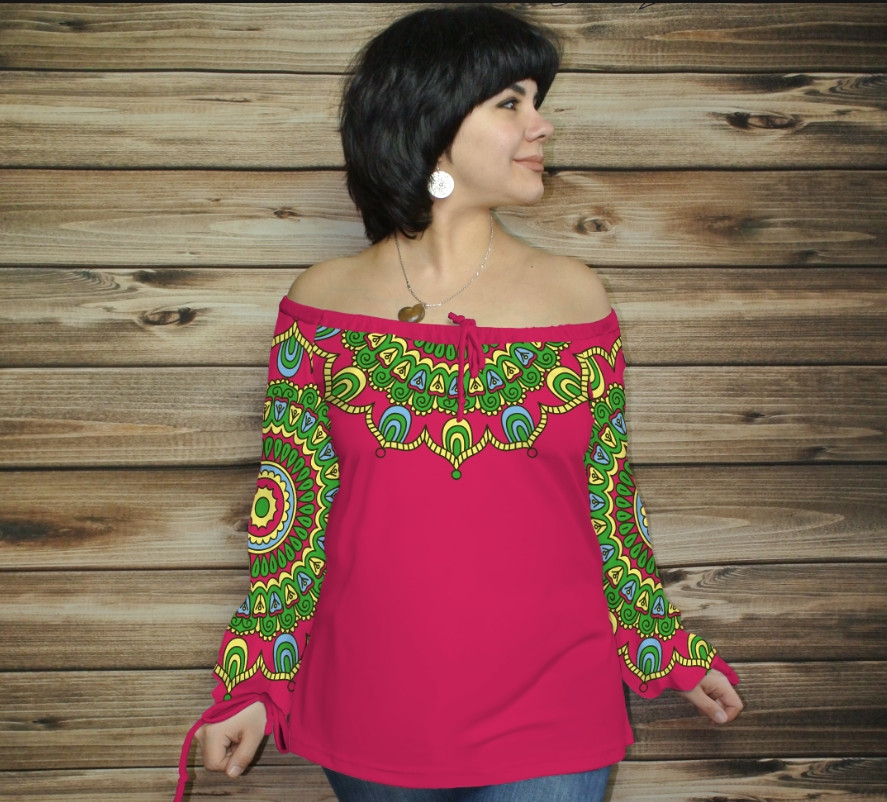 Туніка (блуза) Carmen Орнамент етнічний. Фуксія ВСІ Розміри, фото 1
