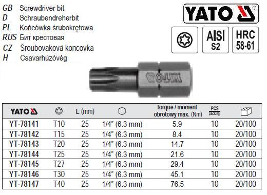 Набір насадка викрутки викруткова TORX 1/4" T27 l=25 мм 10 шт YATO-78145