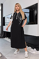Платье летнее черное комбинированное прямое с капюшоном стильное большого размера 50-64. 107517