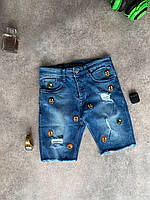 Мужские джинсовые шорты с потертостями и черепами (синие) классные стильные молодежные Турция Мо2y-5100