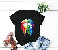 Повсякденна стильна жіноча бавовняна футболка "Кольорові губи" з 3D малюнком, фото 2