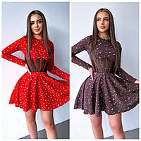 Женское стильное короткое платье с имитацией корсета. Размеры: 42-44, 46-48. Цвет: красный, шоколад.
