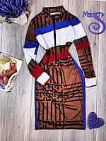 Жіноча сукня міді з довгим рукавом коричнева з принтом Розмір XXL (52)