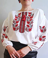 Белая льняная женская вышиванка, рубашка с красными и черными узорам традиционная вышиванка Л