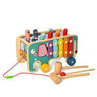 Детский развивающий центр-игрушка MD 2750 Деревянная каталка в виде слоника с ксилофоном и стучалкой