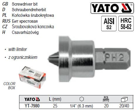Насадка бита для гипсокартона PH 2 1/4" l=25 мм 20 штук YT-7980