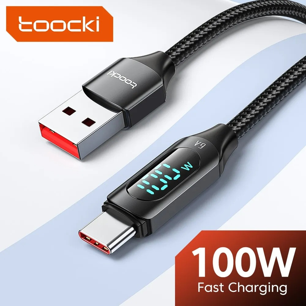 Кабель для заряджання та передачі даних Toocki LED Digital Display 6A/100W USB Type-A to USB Type-C 2 м, фото 1