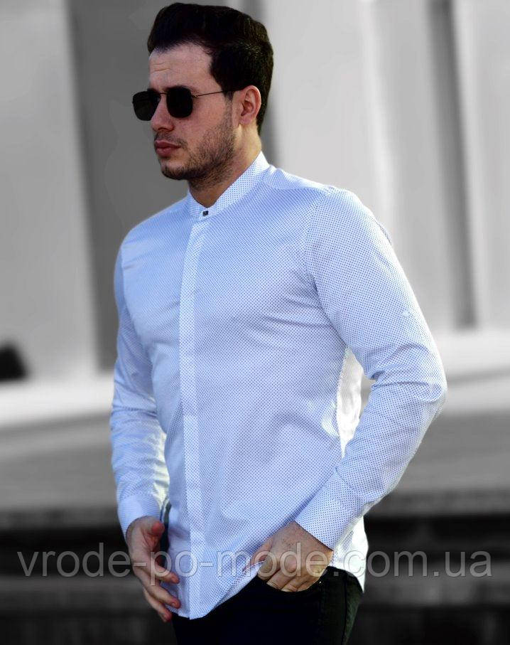 Стильна чоловіча біла сорочка з візерунком, з коміром стійкою та довгим рукавом-трансформером, з Туреччини