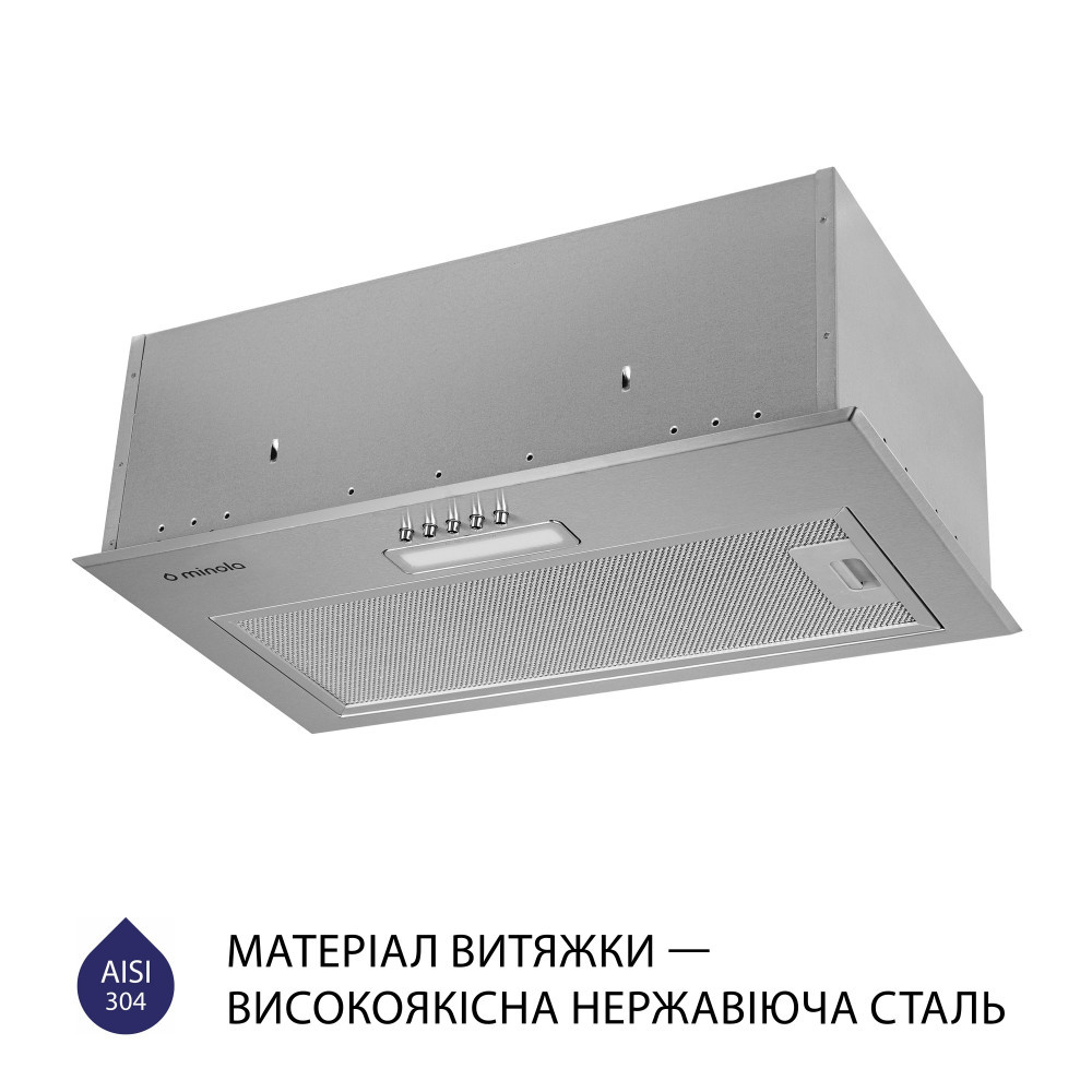 Кухонна витяжка Minola HBI 5214 I 700 LED, нержавіюча сталь, вбудована в шафу витяжка для кухні, шириною 52 см, фото 1