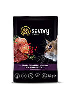Влажный корм Savory для стерилизованных кошек, ягненок с клюквой в соусе, пауч, 85 г p