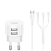 Зарядное устройство сетевое USAMS Kit Sing-Tu Dual USB Round Travel 3IN1 cable T20 |2USB, 2.1A|