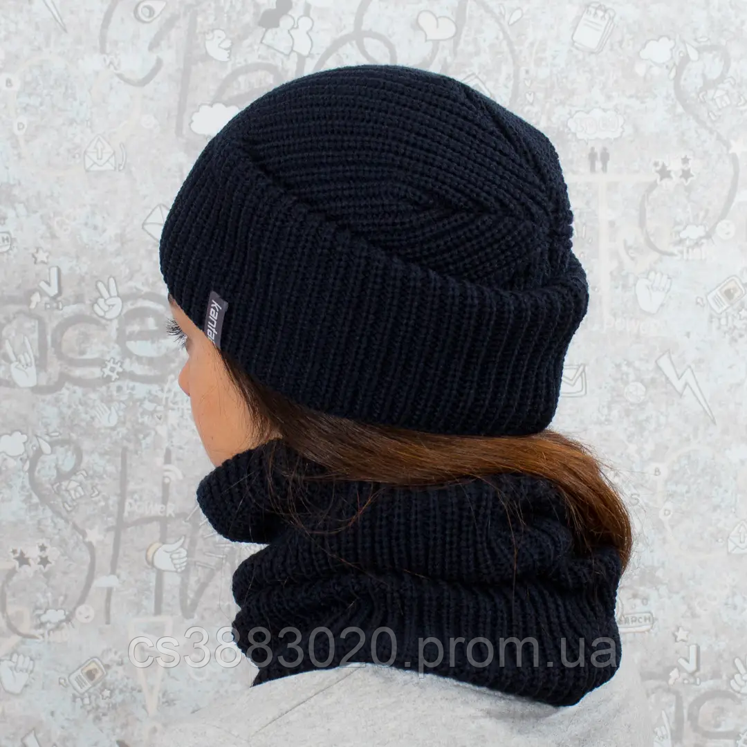 Женская зимняя шапка и бафф с флисовой подкладкой, утепленная женская флисовая шапка и снуд темно синего цвета - фото 3 - id-p2181105260