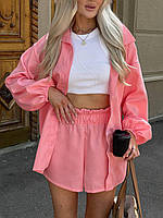 Розовый летний льняной костюм рубашка с шортами 44/46