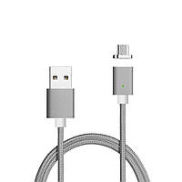 Магнітний кабель USB 2.0/Micro, 1 m, 2 А, індикатор заряду, тканинне обплетення, знімач, Gray, Blister