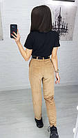 Женские однотонные вельветовые штаны с поясом (черный, джинс, бежевый); размер: 42-44, 44-46, 46-48