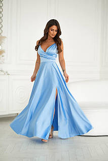 Ніжна атласна сукня з розрізом на нозі Афродита блакитний