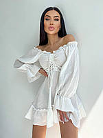 Літня жіноча натуральна міні сукня з довгими рукавами і затяжкою на грудях, легке бавовняне плаття коротке з воланами